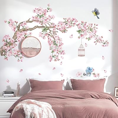 decalmile Cherry Blossom Tree Wall Decals Pink Flowers Birds 2 Sheets 30x90cm
