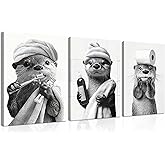 Cute Bathroom Otter Canvas Wall Art Set of 3, Black and White Otter Picture Wall Decor, Funny Painting Print, Farmhouse Humor Animal Art for Bathroom Restroom Decoration Ready to Hang 12x16 inch