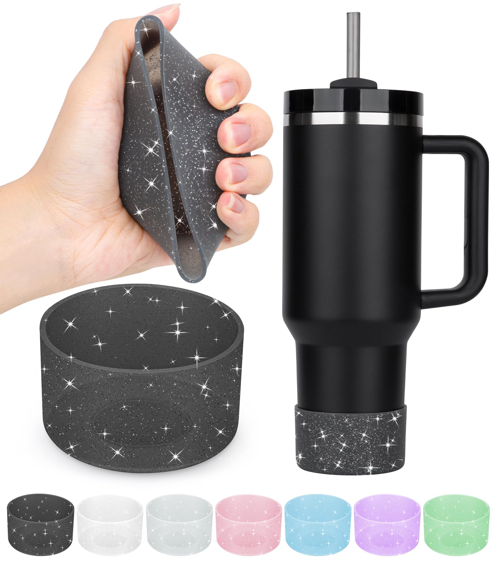 Photo 1 of 2PCS for Stanley Boot, Silicone for Stanley Cup Boot 20-40oz&for Hydroflask Boot 12-24oz Glitter for Tumbler Accessories Bottom Protector, Black