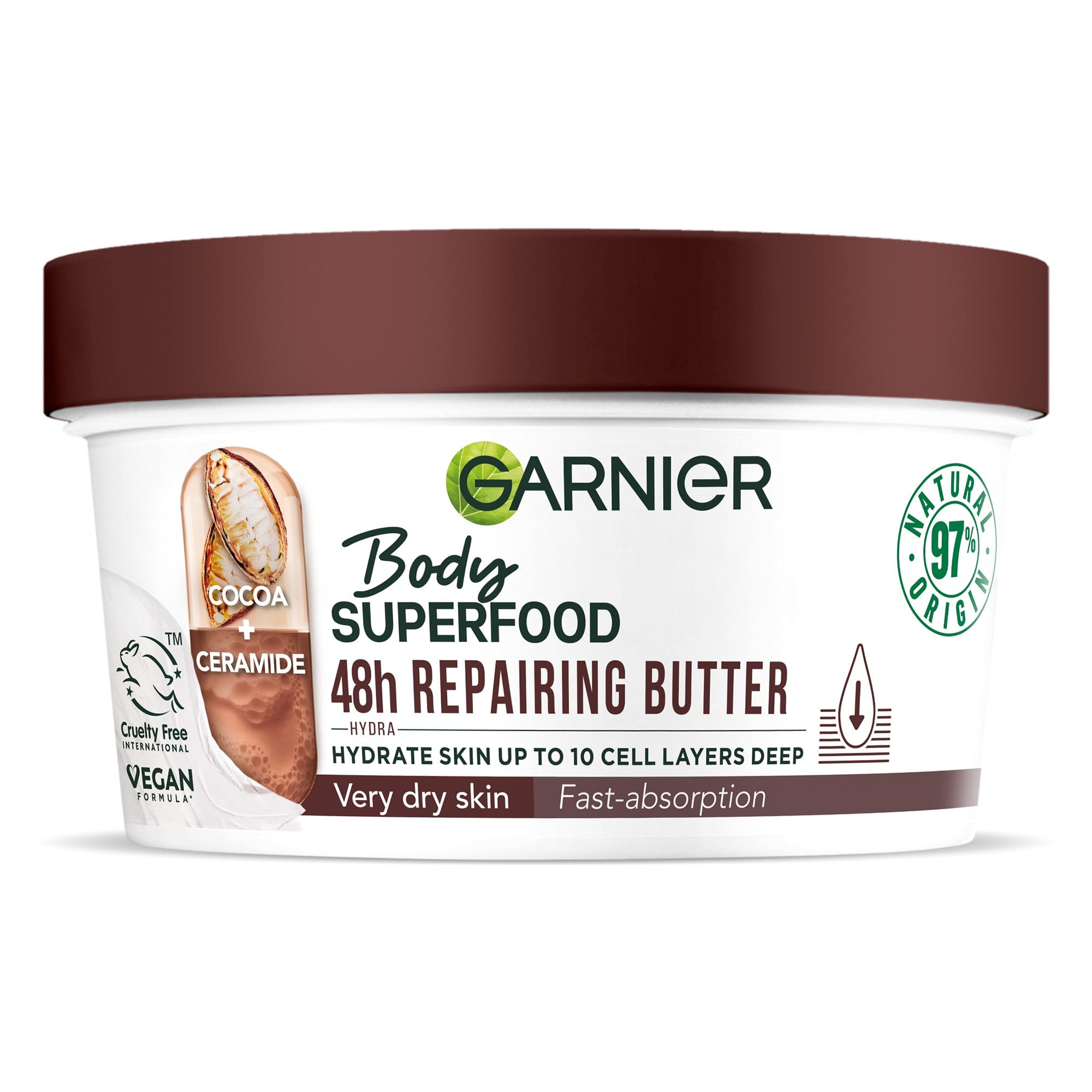 Garnier Body Superfood, Repairing Body Butter, With Cocoa & Ceramide, Body Butter for Very Dry Skin, Vegan Formula, Approved by Cruelty Free International, 300ml