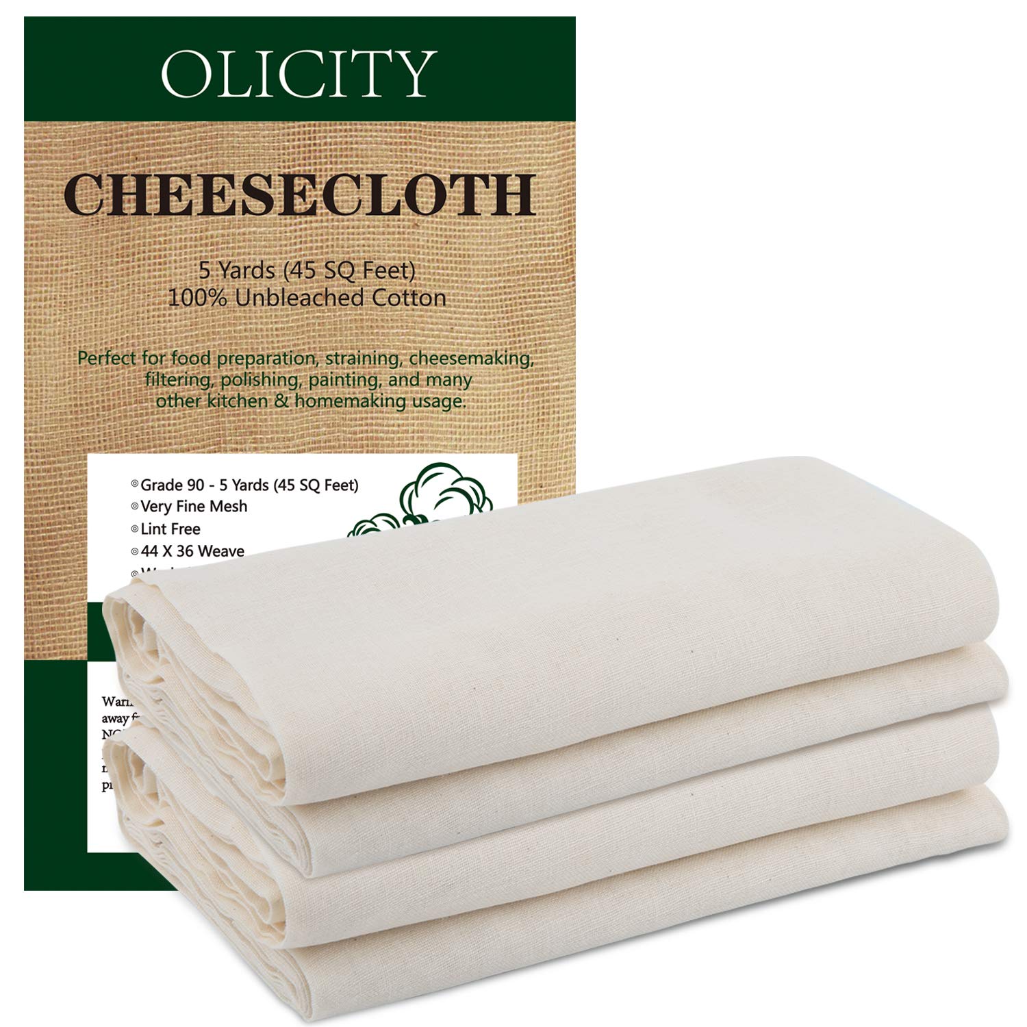 Olicity Cheesecloth, Grade 90, 45 Square Feet, 100 Unbleached Cotton
