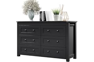 XIXINI Dresser for Bedroom with 6 Drawers, Farmhouse Wood Chest of Drawers, Wide TV Stand Closet Storage Furniture with Metal Handle, Modern Clothes Organizer for Hallway, Living Room, Entryway, Black