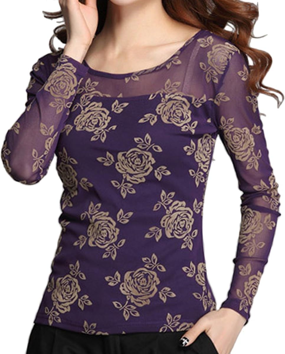 Erlking Women's Floral Sheer Lace Blouse Tops Color Purple Size M