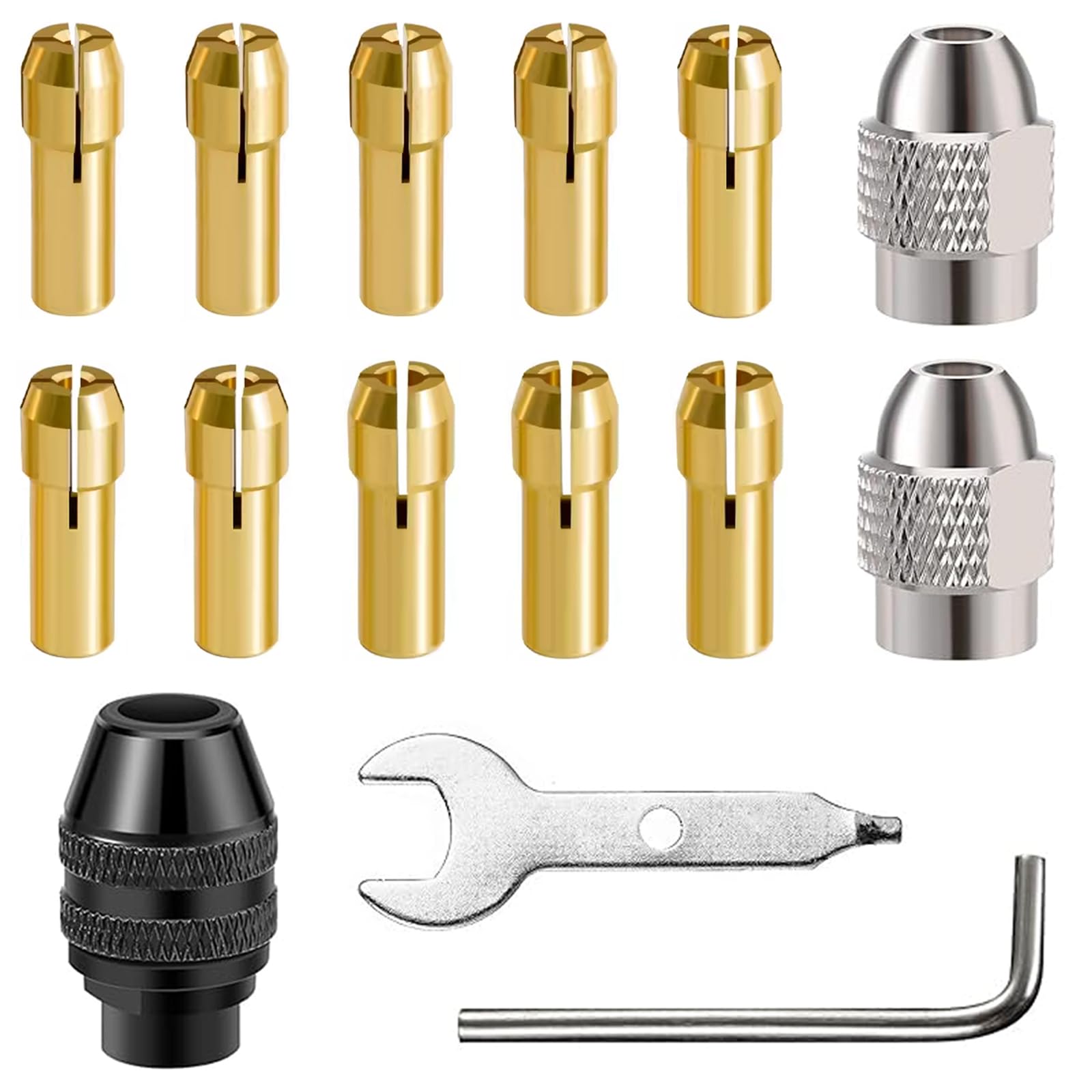 Brass Collet Set, CTRICALVER 15Pcs Collet Set, 0.5-3.2mm Brass Chuck fits Rotary Tools Collect Chuck Holder Electric Grinding Drill with Replacement 4486 Chuck, Metal Nut, Wrench and L-Shaped Wrench