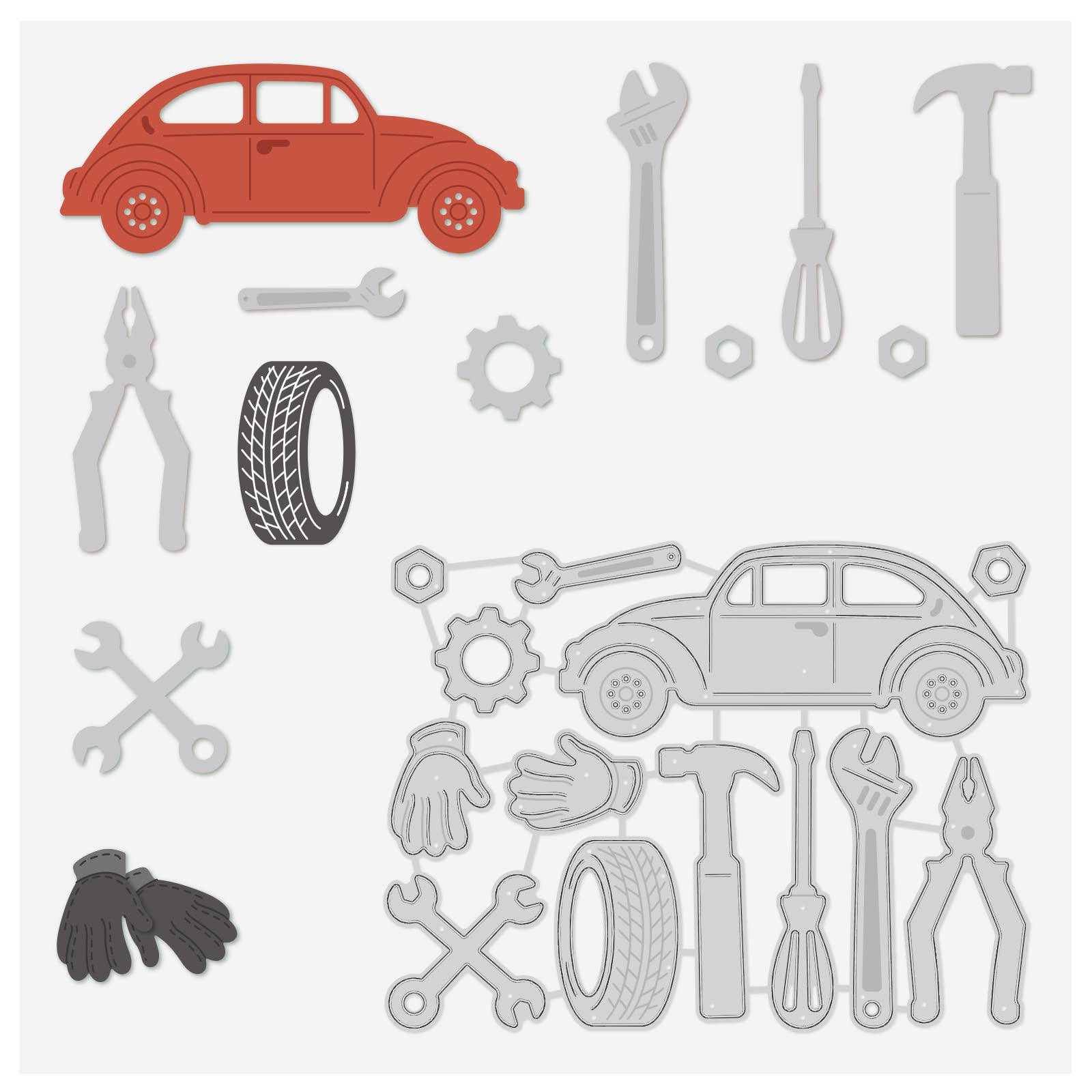 BENECREAT 9.5x12.5cm Car Accessories Metal Cutting Dies, Auto Repair Theme Tire Pliers Wrench Die Cuts Embossing Stencil for Card Making Scrapbooking Paper Craft(0.8mm Thick)