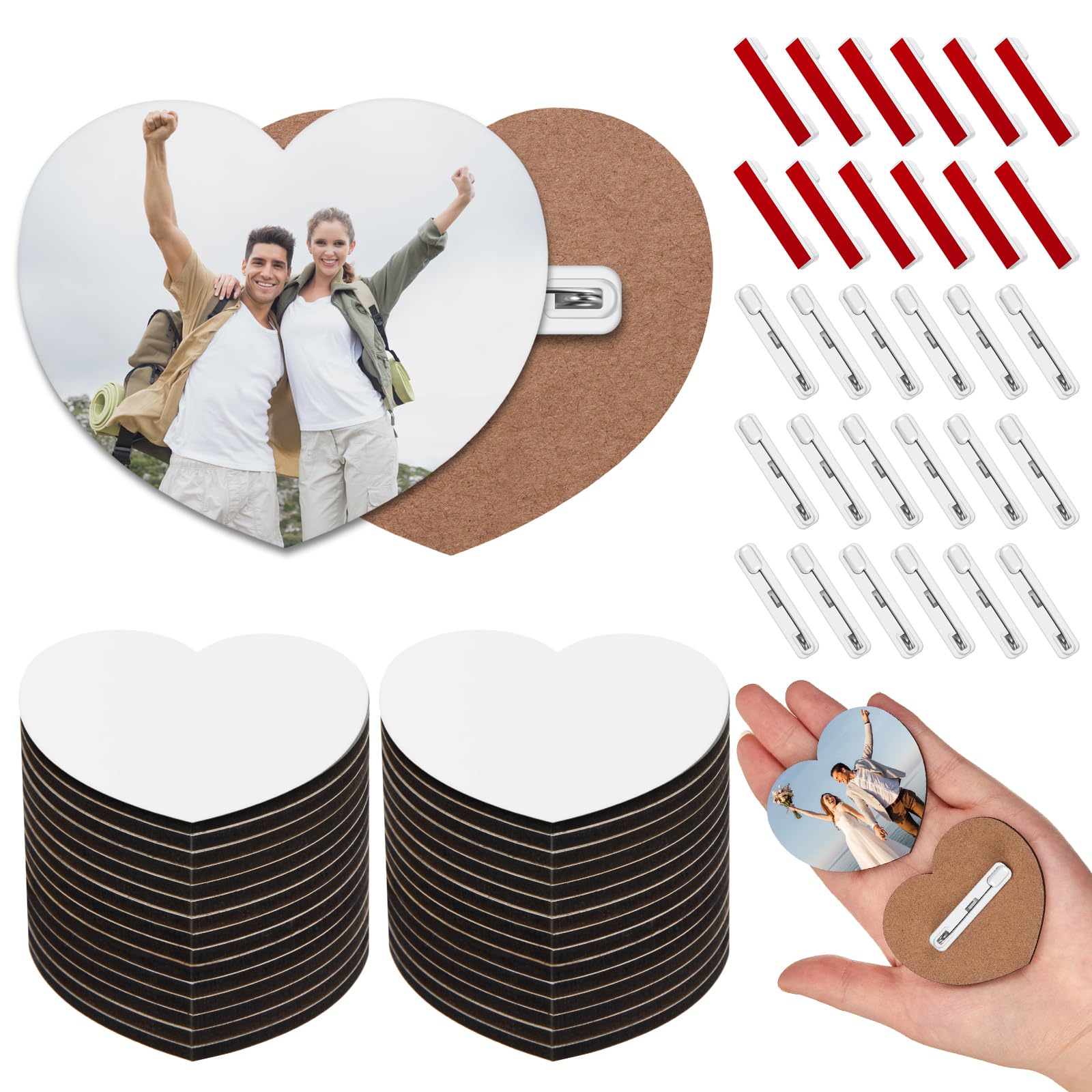 Photo 1 of 30 Pcs Heart Sublimation Buttons Blanks with Pins, 2.36 x 2 Inch Heart MDF Buttons Pins Heat Transfer Blank Badge, DIY Craft Gifts