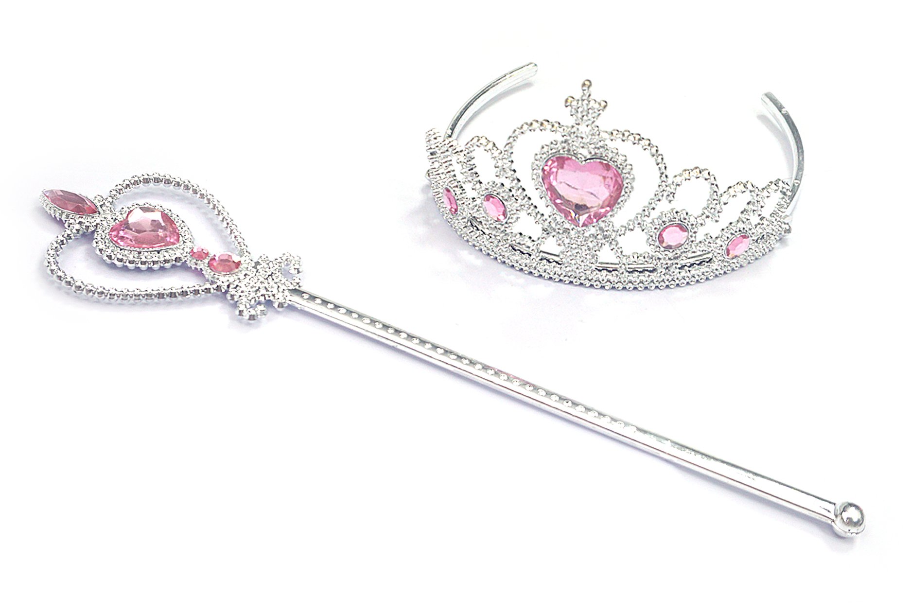 Kuzhi Princess Crown Tiara and Wand Set – Silver Heart Jewel (Light Pink)