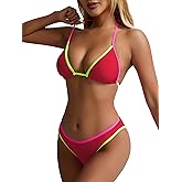 TASHEHE Women's Colorful String Bikini Set Sexy Triangle Two Piece Neon Bikini Swimsuit Color Block Halter Bathing Suit