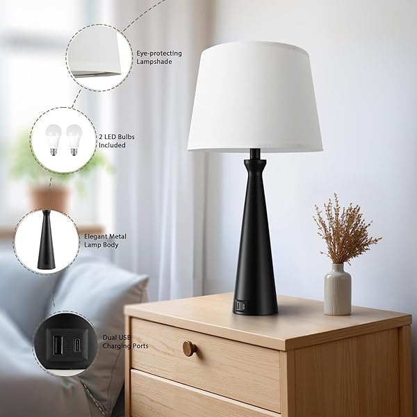 SEEALLE MODERN TABLE LAMPS SET OF 2 – TOUCH BEDSIDE LAMP FOR NIGHTSTAND WITH DUAL USB C+A,3-WAY DIMMABLE BLACK NIGHTSTAND LAMPS FOR LIVING ROOM BEDROOM END TABLE(BULB INCLUDED)