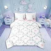 Erosebridal Pink Kawaii Ribbon Bow Twin Comforter Set 7 Piece for Kids Girls Teen,Blue Flowers Plaid Bowknot Bed in A Bag Cute Girly Bow Bedding Set Plant Floral Leaves Bed Set