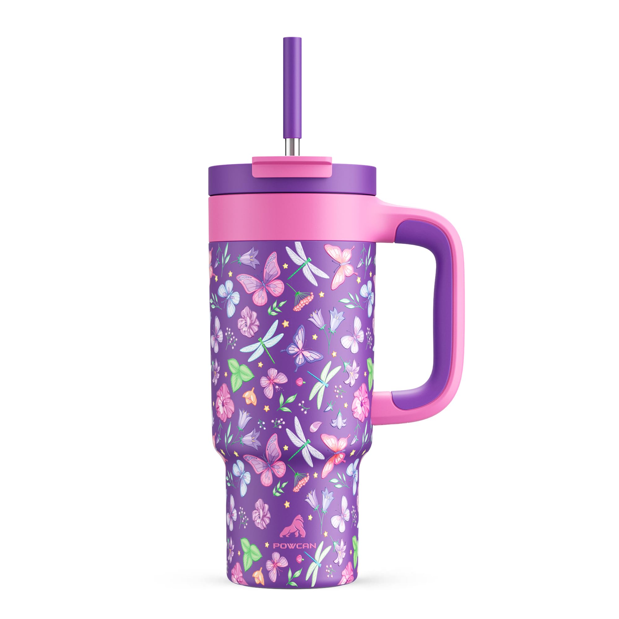 Photo 1 of 24 oz Insulated Tumbler for Kids: Spill-Proof, 2-in-1 Straw Lid, Cold for 26 Hrs, Stainless Steel Cup with Handle for School, Camping, Gift, Daily, Outdoor, Trip, Travel, Vacation (Butterfly Field)