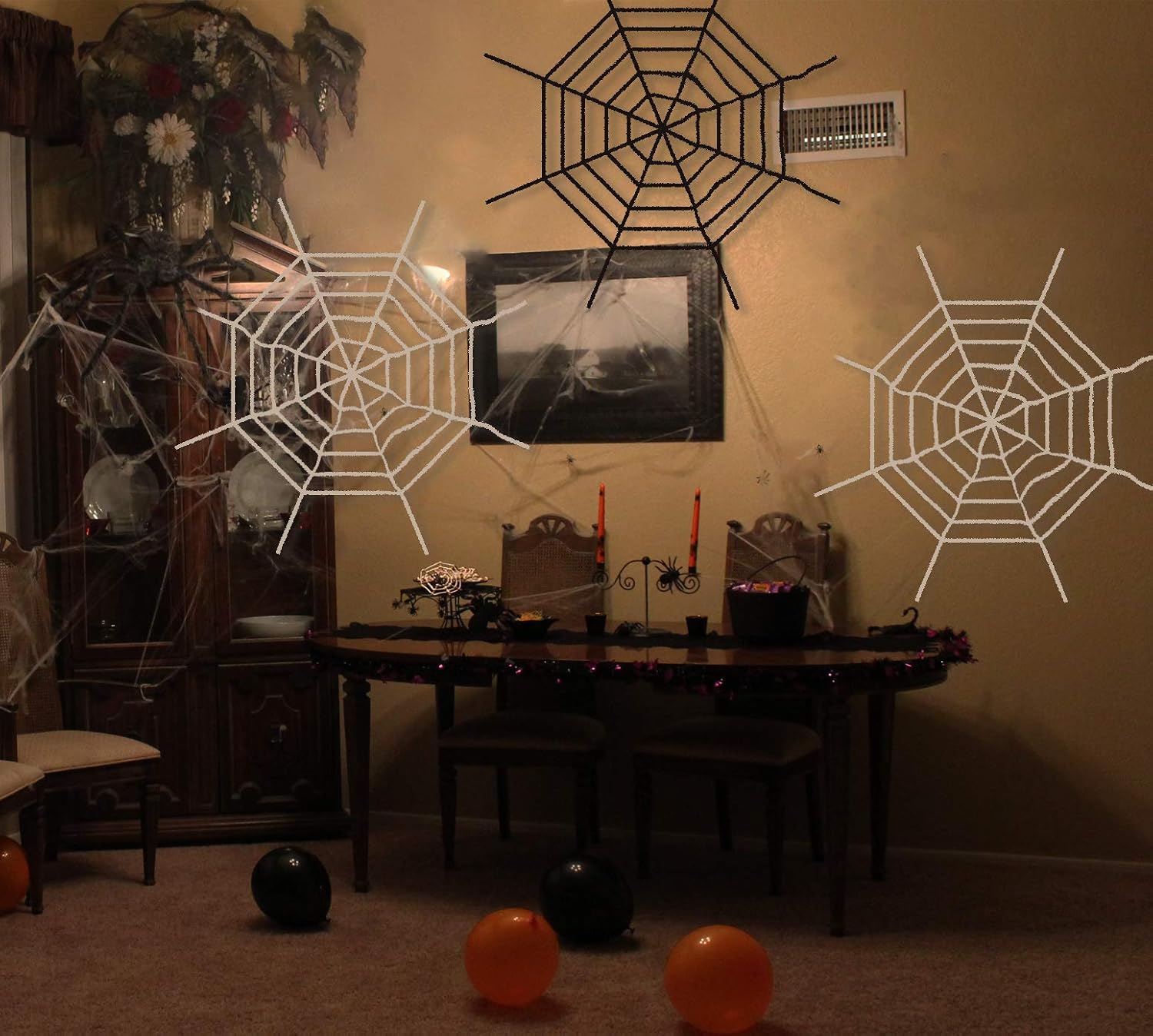 Pawliss Halloween Decorations, 5 feet Round Spider Web, Halloween Outdoor Yard Decor, 2 White and 1 Black