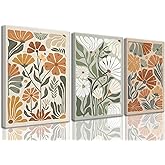 KISSFOX 3 Piece Framed Wall Art Floral Wall Decor Flower Canvas Art Green Beige Yellow Pictures Abstract Paintings Boho Prints Modern Artwork For Bedroom Bathroom Living Room