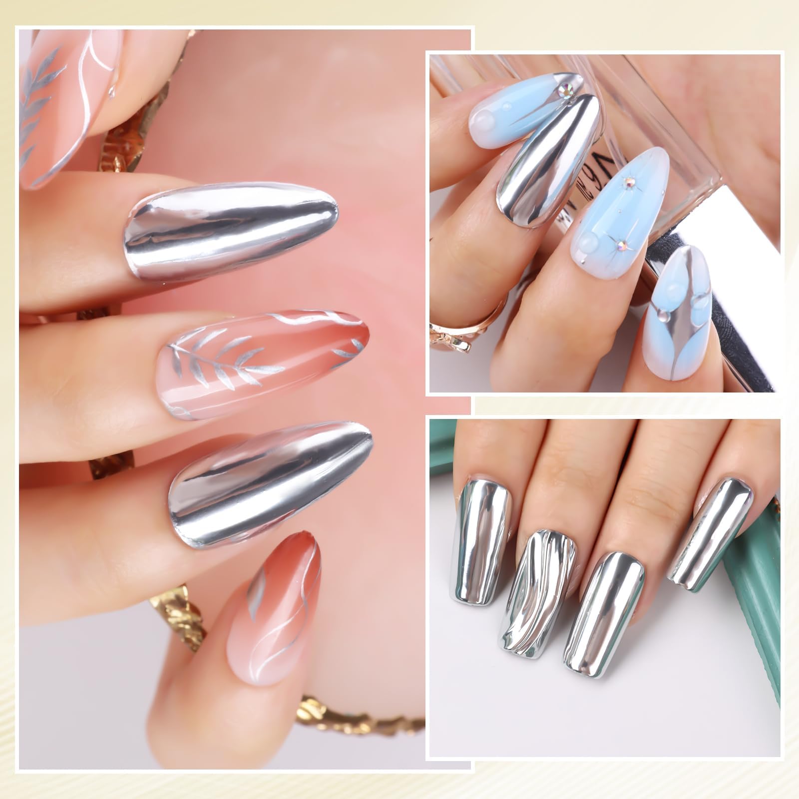Makartt Chrome Gel Nail Polish Set: Metallic Gel Nail Polish, Silver and Gold 3D Metal Painting Gel for Nail Art Soak off UV/LED Glossy Mirror Effect Nail Glue Gel for Home Salon DIY Manicure（2pcs） - Image 8