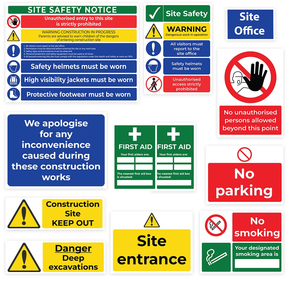 RDLCAR Construction and Building Site Signs Pack of 12 Site Safety Sign Bundle Warning 600mm x 400mm Multi Hazard Safety Signs for Improved Workplace Safety
