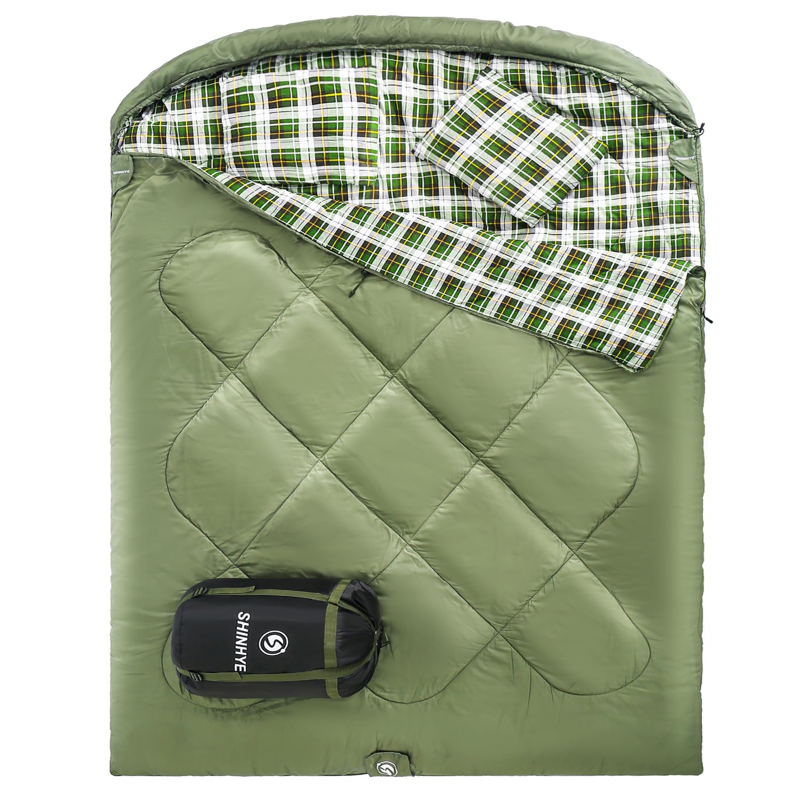 Photo 1 of ShinHye Double Sleeping Bag for Adults with 2 Pillows, Camping Sleeping Bags Flannel Cotton 2 Person Sleeping Bags XXL Queen Size Sleeping Bag for Cold Weather (Army Green, 92"×62")