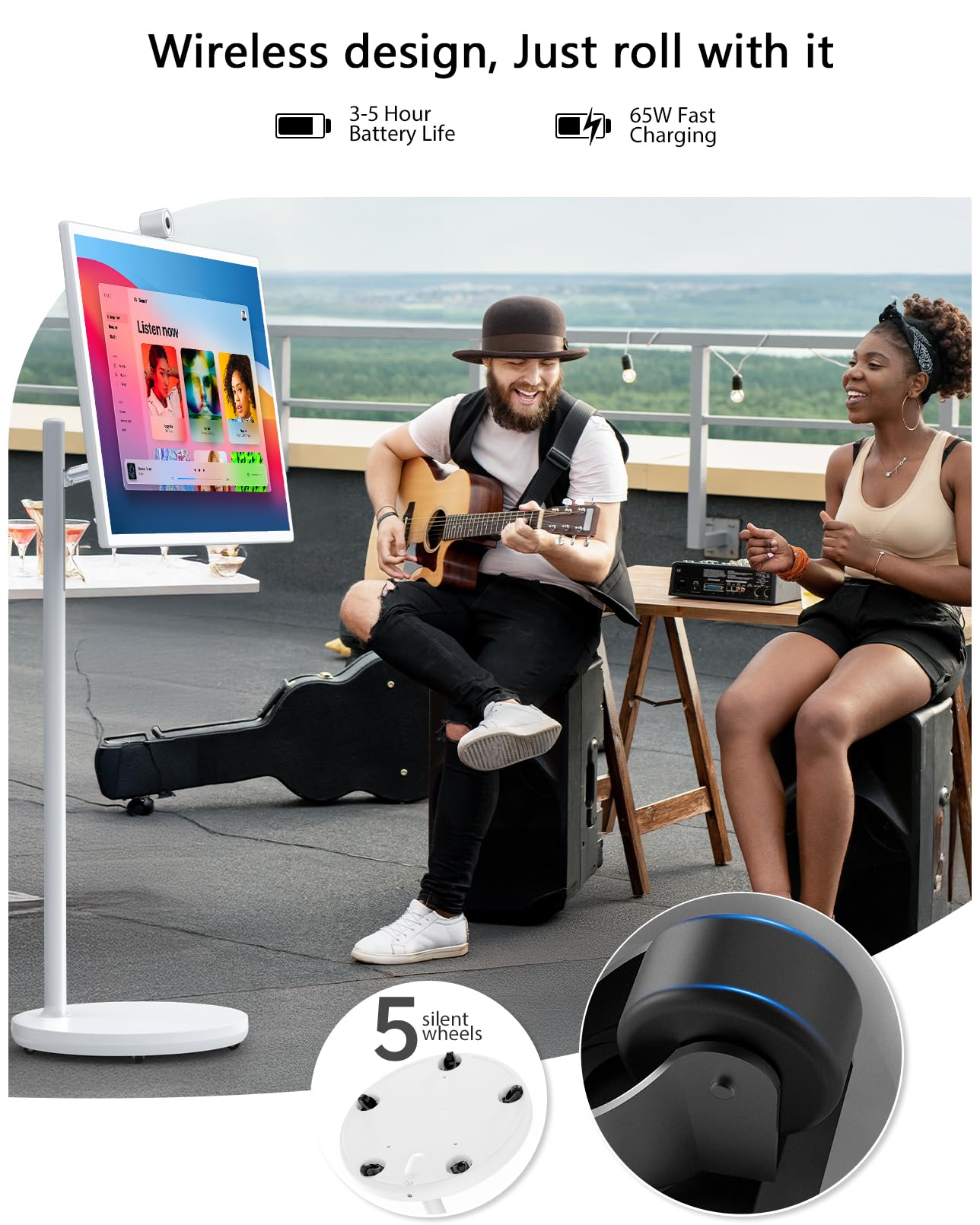 GFF 32-Inch Portable Smart TV on Wheels, Rolling TV with Touch Screen Monitor, 8G RAM +128G Storage, Android 13 OS, Built in Google Assistant, 2K Webcam, Full Swivel Rotation, Remote Control