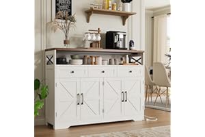 FIVEWILLOWISE 51" Farmhouse Buffet Sideboard Cabinet with Storage, White Kitchen Storage Pantry Cabinet with Drawers, Wood Cupboard Hutch, Coffee Bar Station Table for Kitchen, Living Room, Dining Room