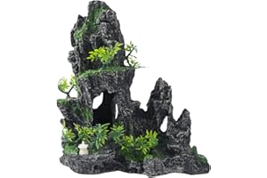 SiissaPeksid Large Fish Tank Decorations - Mountain View Aquarium Ornament with Tree House Cave Bridge,Resin, 10.24x9.45x5.12 inches, C