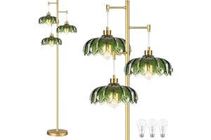 QIYIZM Glass Floor Lamp for Living Room,Bedroom,Mid Century Modern Standing Lamp Brass Tree 3 Light Tall Floor Lamps Vintage Retro Floor Lights Gold Green Flower Lamp Shade Farmhouse Boho Bohemian