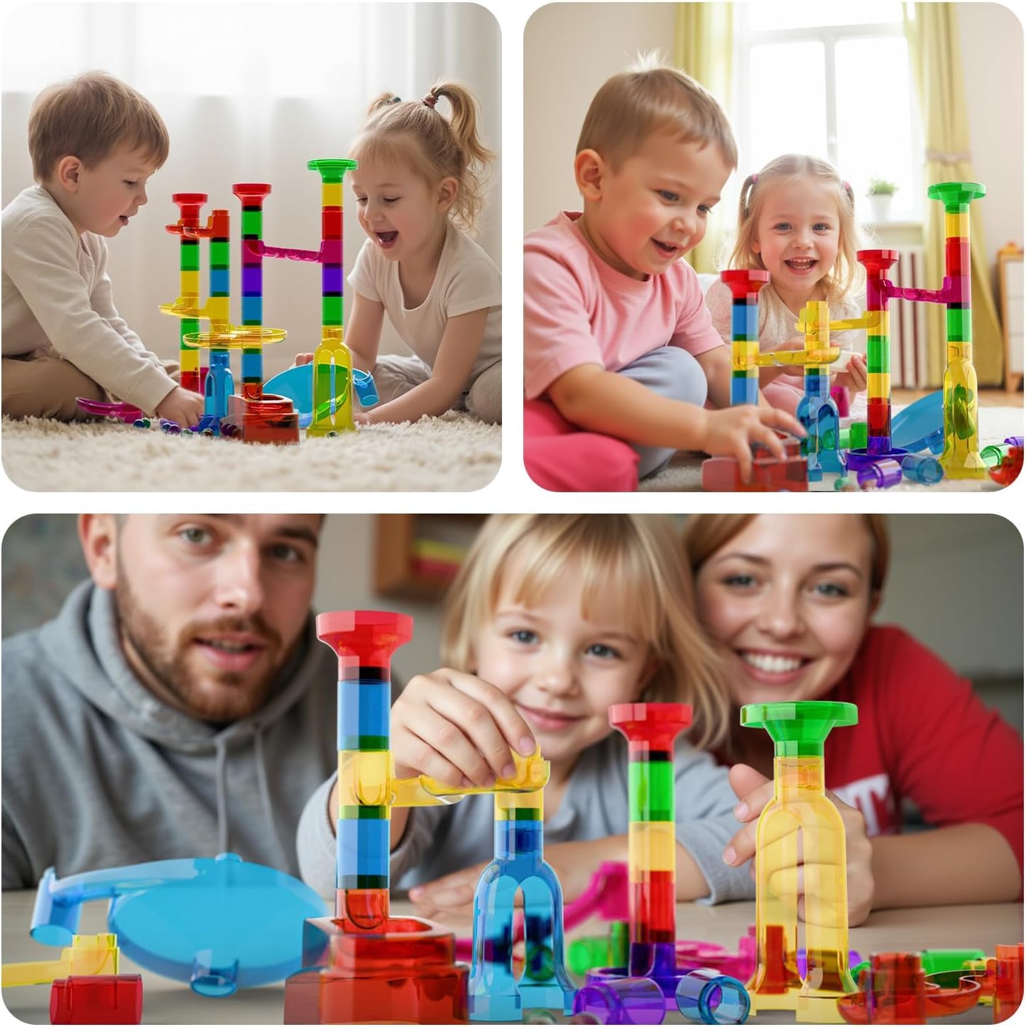 Murmelbahn Logikspiele Mehrfarbige kugelbahn 109 Stück transparent Bahnelementen und murmeln STEM Marble Rush Doppelspiel Spielzeug Geschenk für Kinder Jungen Mädchen ab 3-12 Jahre 6