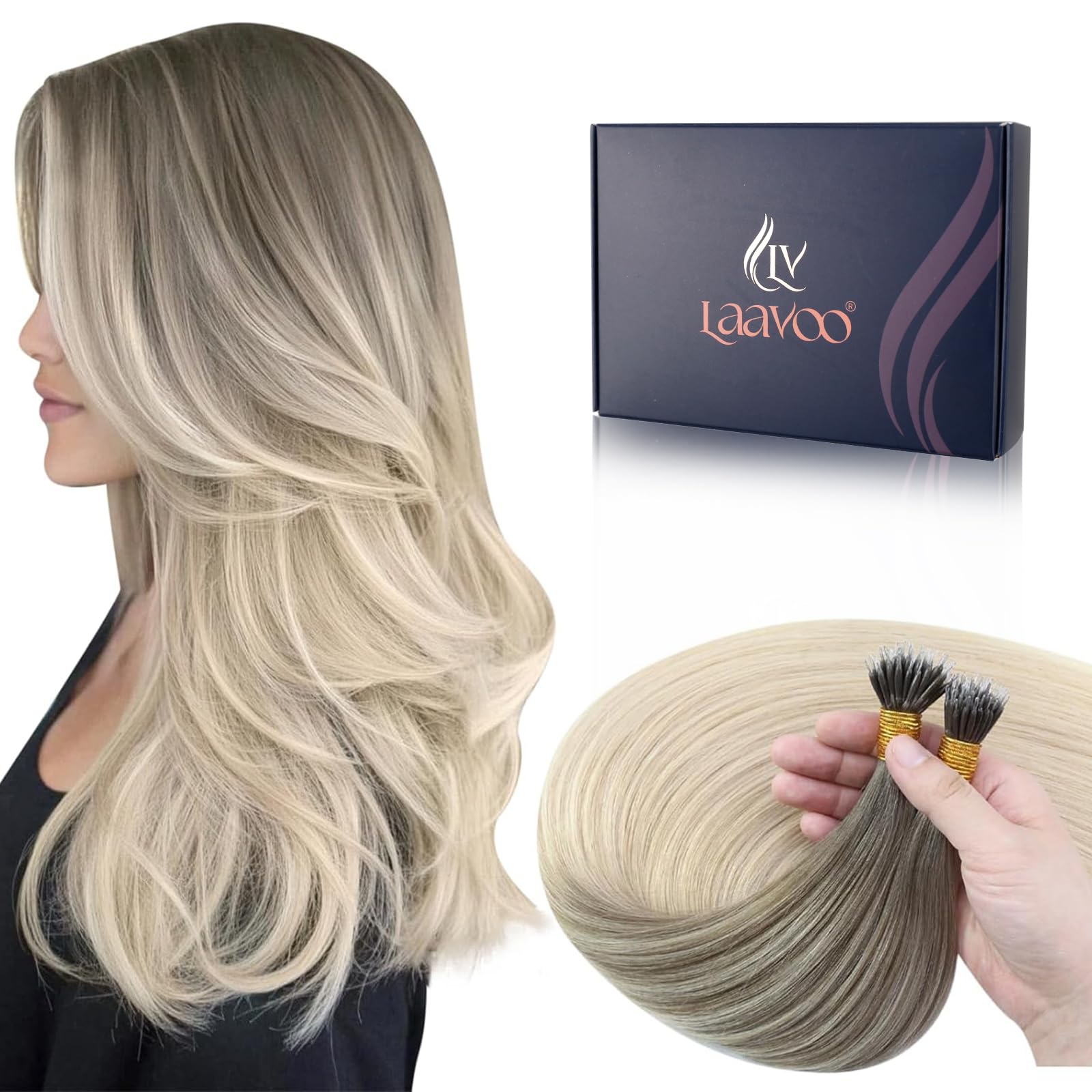 LaaVoo Nano Hair Extensions Real Human Hair Brown Nano Beads Hair Extensions 22 Inch Balayage Light Brown to Light Blonde Invisible Nano Ring Straight Remy Hair 50g 50s #8/59 — image 1