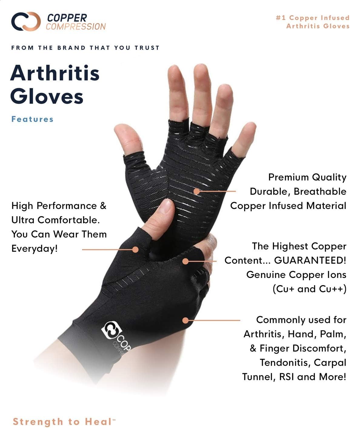 Copper Compression Arthritis Gloves - Guaranteed Highest Copper Content. Best Copper Glove for Carpal Tunnel, Computer Typing, and Everyday Support for Hands. Fit for Women and Men (1 Pair): Health & Personal Care