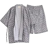 Japanese Kimono Pajamas Shirt and Shorts, Cotton Linen Loungewear Sleepwear Spa Bathrobe for Men and Women, Black White