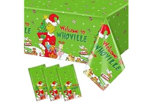 Tewess 3Pcs Welcome to Whoville Disposable Tablecloths Green Elf Whoville Christmas Waterproof Table Covers Xmas Funny Cartoon Table Cloths for Winter Holiday Christmas Party Decorations