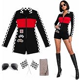 ehtagel Halloween Race Car Driver Costume for Women,Racer Jumpsuit Outfits | Racing Outfits for Women with Racer Jumpsuit, Fishnet Tights, Sunglasses and 2 Checkered Flags for Halloween Party,S-XL