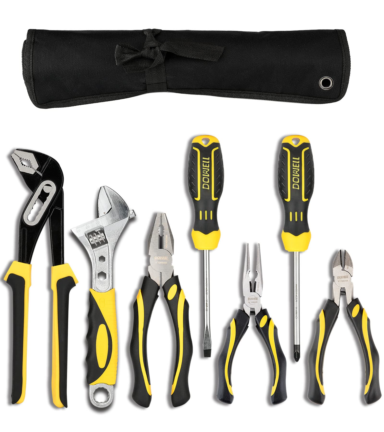 DOWELL Pliers Set - 7 Pieces: 10-Inch Groove Joint, 8-Inch Adjustable Wrench, Combination & Long Nose Diagonal Cutting Pliers - Screwdriver Maintenance Tool Kit with Pouch