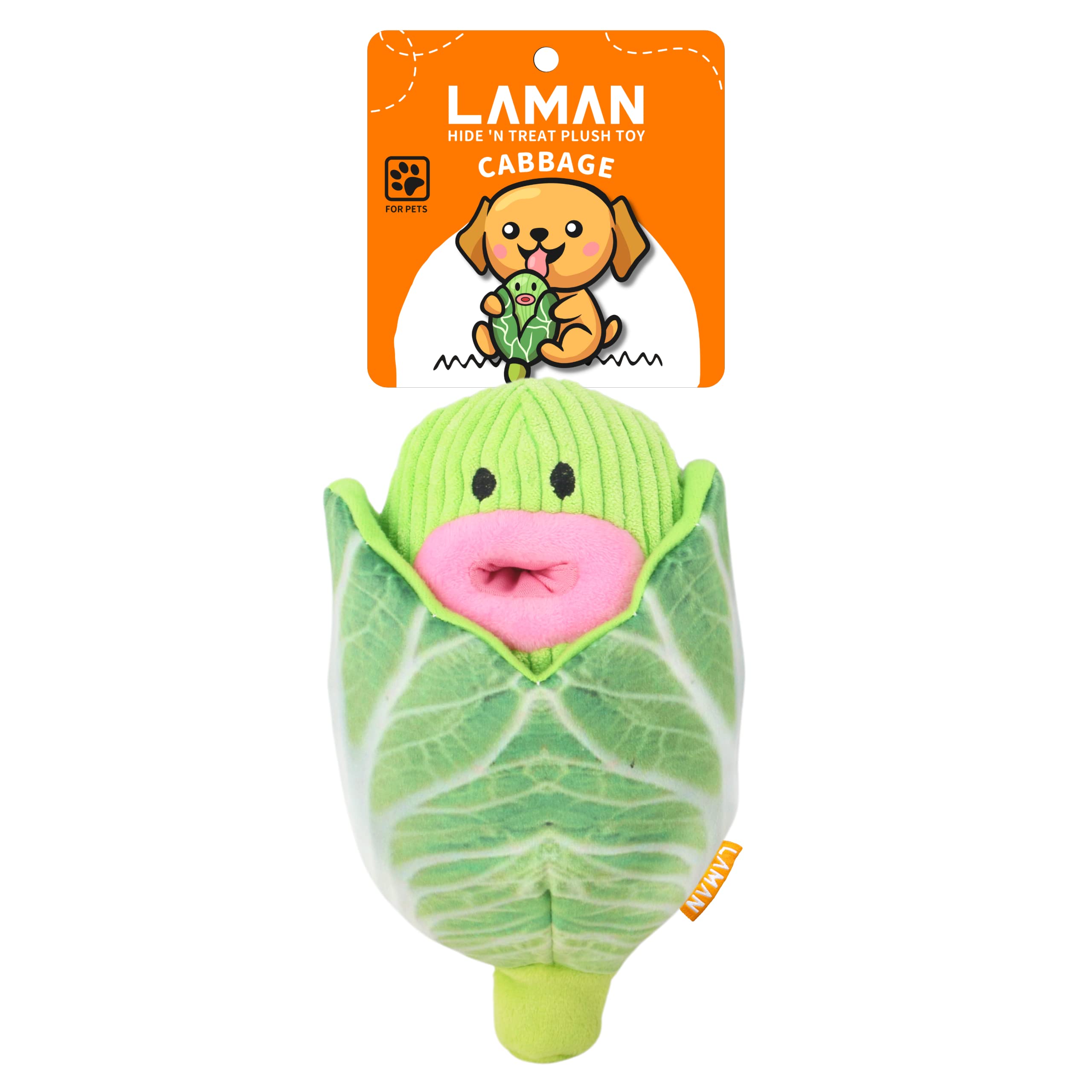 LAMAN Hide 'N Treat Cabbage Plush - Interactive Dog Puzzle Toy, Squeaky & Crinkle Snuffle Dog Treat Toy for Boredom Relief & Mental Stimulation - Ideal for Small, Medium Dogs & Puppies