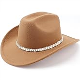 DRESHOW Western Cowboy Hat for Women and Men Wide Brim Glitter Cowboy Cowgirl Hat with Rhinestone Felt Fedora Hats
