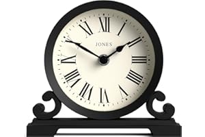 JONES CLOCKS® Saloon Mantel Clock | Traditional Double Scroll Design | Black | Roman Numerals | Classic Style for Desk, Table, Shelf or Bedside