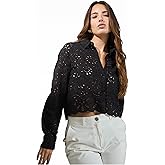 Cotton Black Boxy with Scallop Hem and Embroidery, Casual Collar Shirts for Women