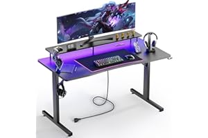 GTRACING 55 Inch Gaming Desk with LED Lights & Power Outlet, Computer Gamer Desk with Monitor Stand, Ergonomic Carbon Fiber Gaming Table Home Office Desk with Headphone Hook & Mouse Pad