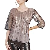 Vijiv Women's Captivating Sparkling Glitter Mid-Sleeve Sequin Blouses Tops, Gorgeous Trendy Shirt for Night Outs Gatsby Party