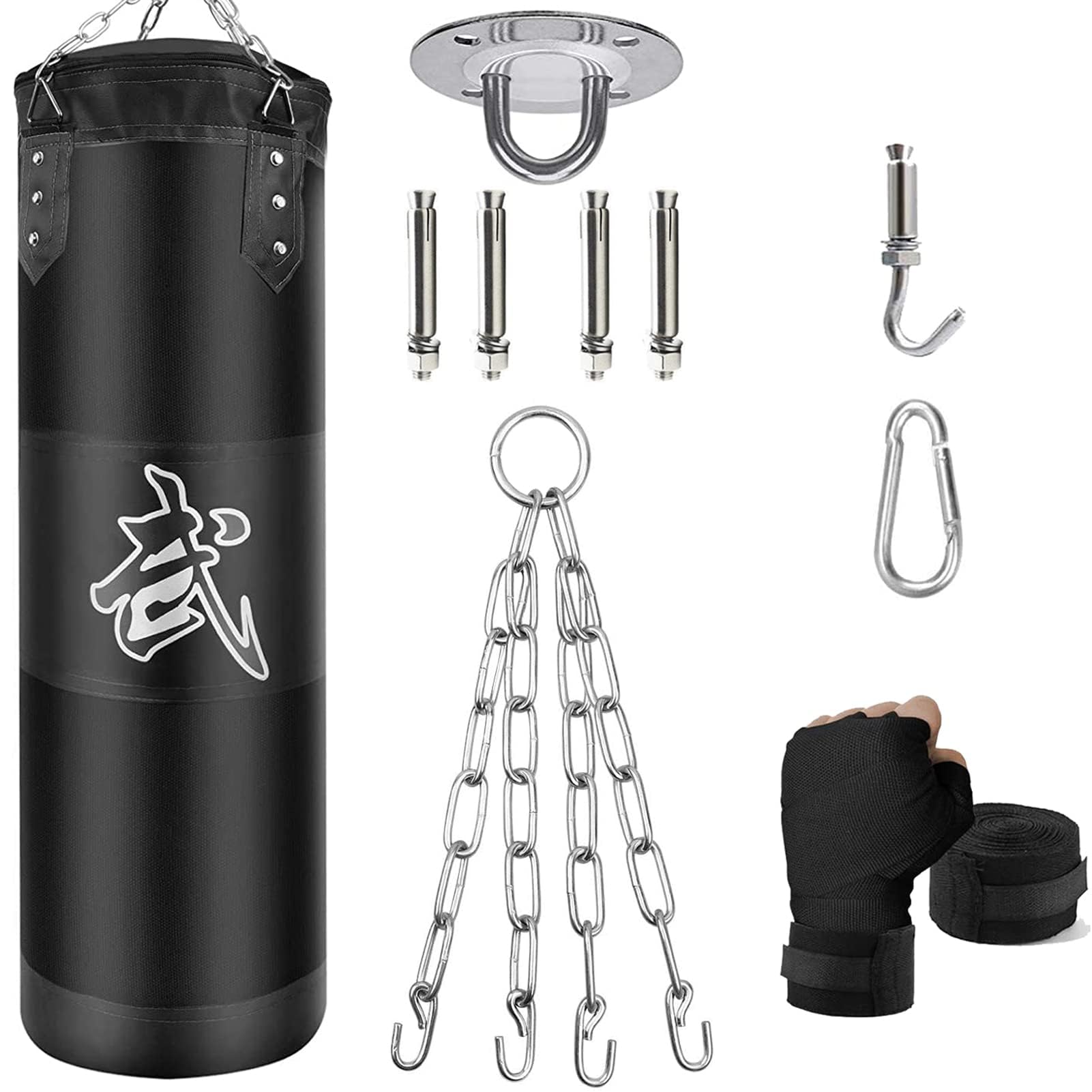ZERUIDM Punching Bag Set, Heavy Duty Punching Bags, Unfilled, Hanging Boxing Bag for Adults Children, Punching Bag with Boxing Bandages, Ceiling Hooks, Chain, for Kickboxing, Martial Arts, Muay, Thai,