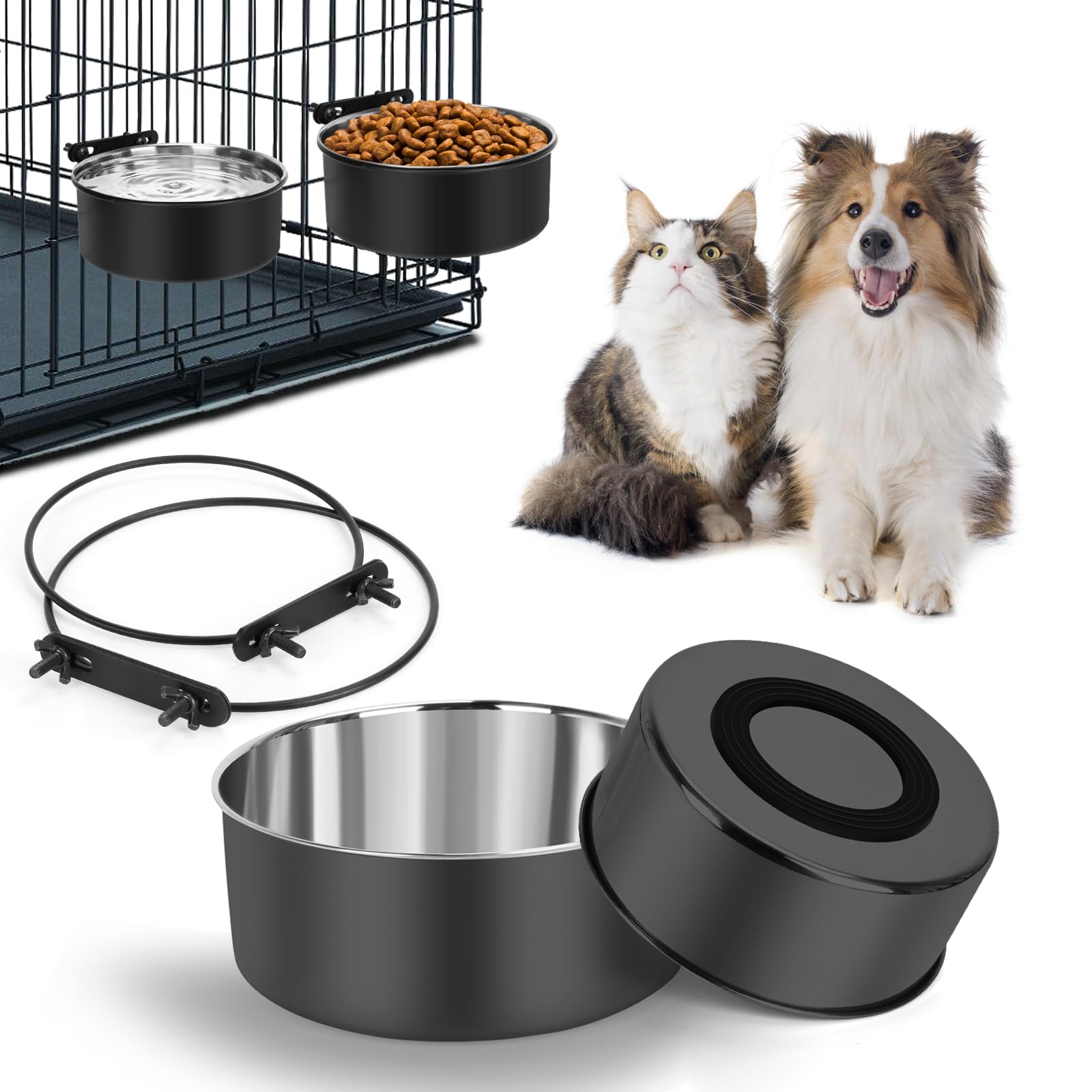 Photo 1 of Dog Crate Bowl, Kennel Dog Bowls Mountable & Non Slip Rubber Base Food and Water Bowls, 34oz & 25oz Metal Dish for Medium and Small Pets, Cats, Dogs, Puppy, Rabbit, 2 Pack, Black