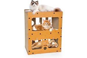 PETMARKET Cardboard Cat House, Double Layer Cat Scratcher House for Indoor Cats, Scratch & Sleep 2 in 1 Design, Durable & Easy to Assemble Scratching Bed with Scratching Board and Hanging Ball Toy