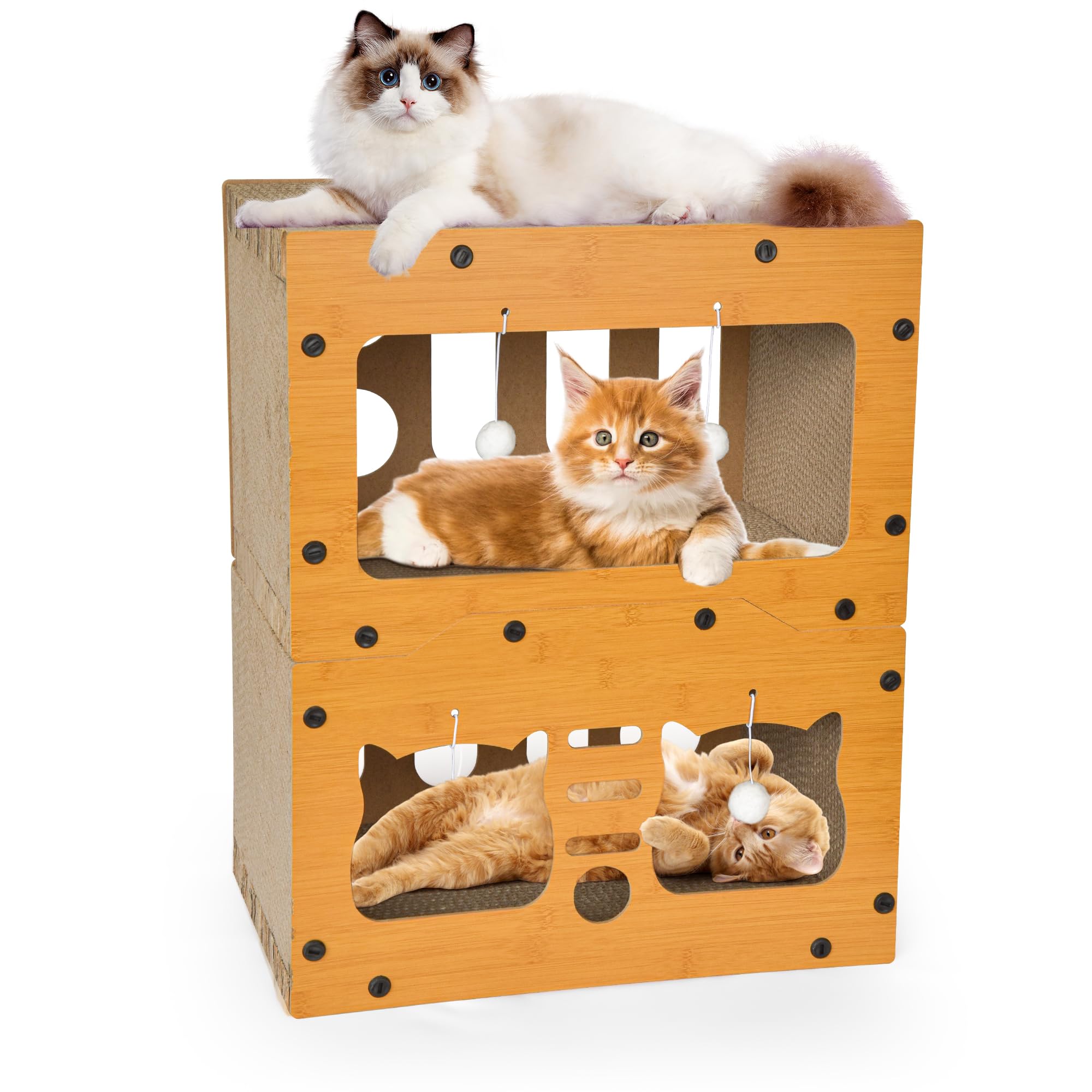Photo 1 of Cardboard Cat House, Double Layer Cat Scratcher House for Indoor Cats, Scratch & Sleep 2 in 1 Design, Durable & Easy to Assemble Scratching Bed with Scratching Board and Hanging Ball Toy