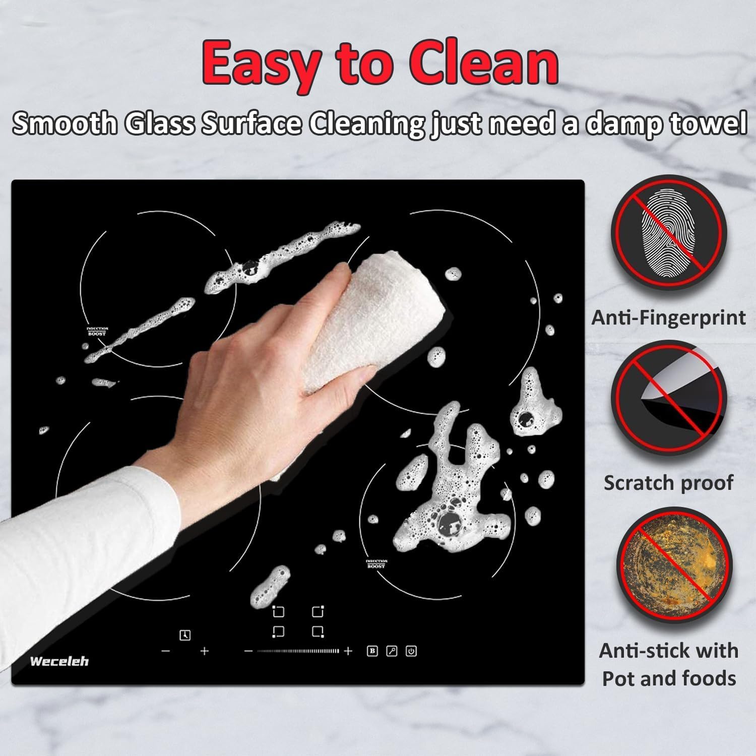 24 Inch Induction Cooktop Electric Cooktop 7000W 4 Boost Burners 9 Power Levels Built-in Electric Stovetop,Touch Control/Timer/Safety Lock 220-240V