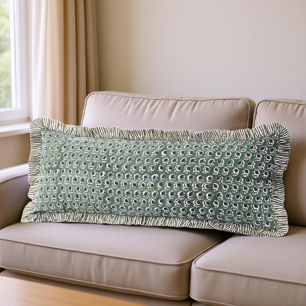 Photo 1 of Ridhi Basil Green 100% Cotton Block Print Ruffle Sham Cover Handmade Boho Floral Pillowcase, Farmhouse Cottagecore Bedding, Soft Decorative Cushion Cover for Bedroom Décor 14 x 36 Inch