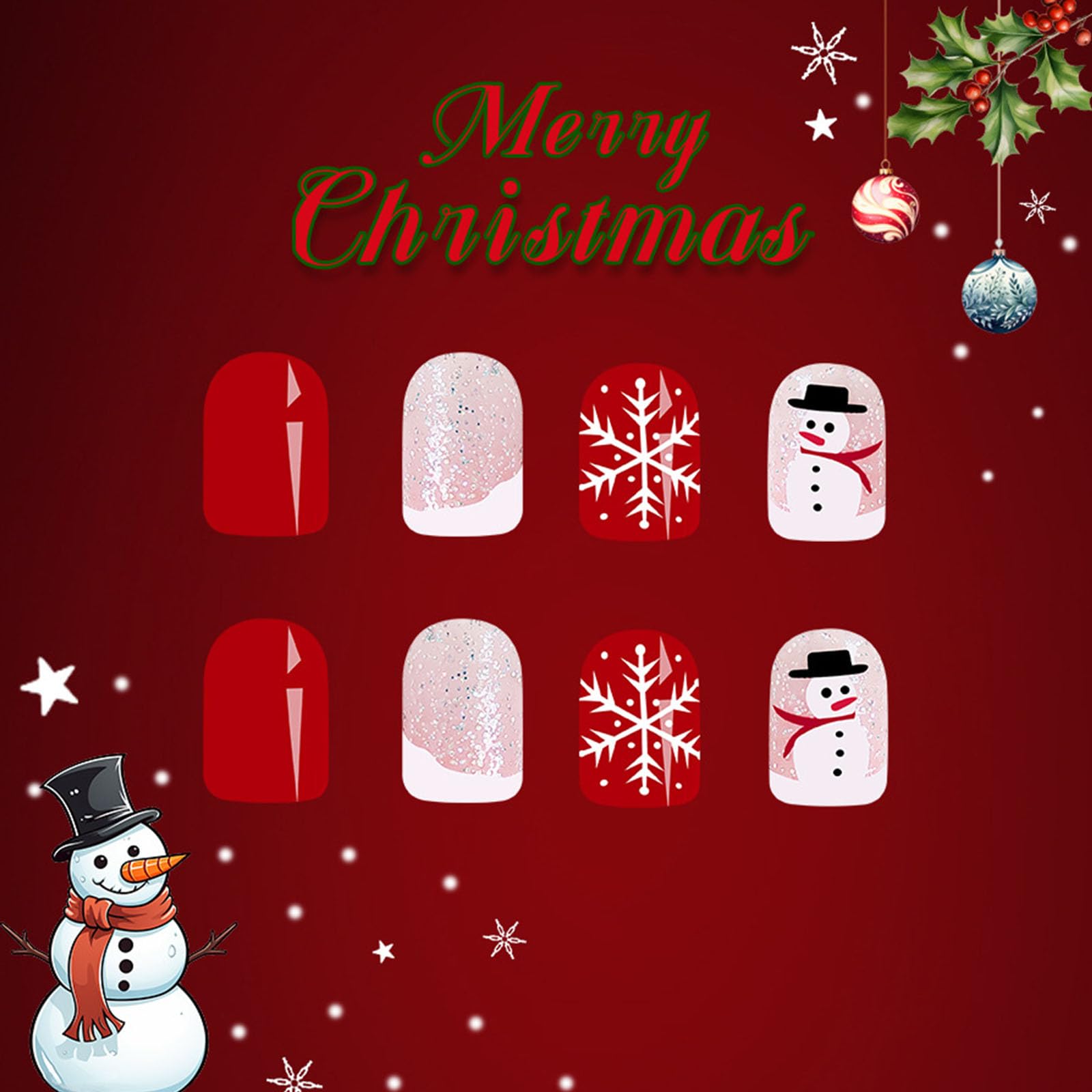 Christmas Press on Short Fake Nails With Snowman Snowflake Designs - White French Tip Glue on Xmas Glitter Sequins False Nails - Cute Acrylic Stick on for Women 24 Pcs - Image 2