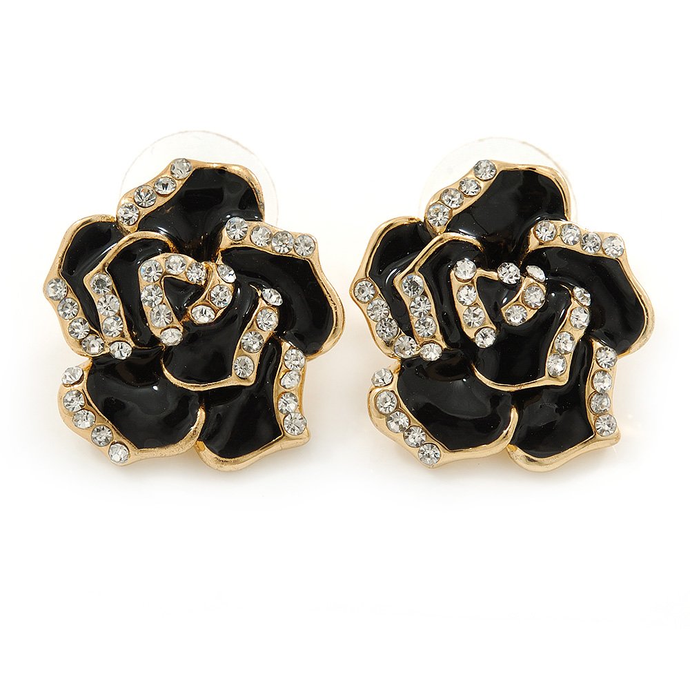 20mm D/Black Enamel Crystal Rose Stud Earrings/Gold Tone