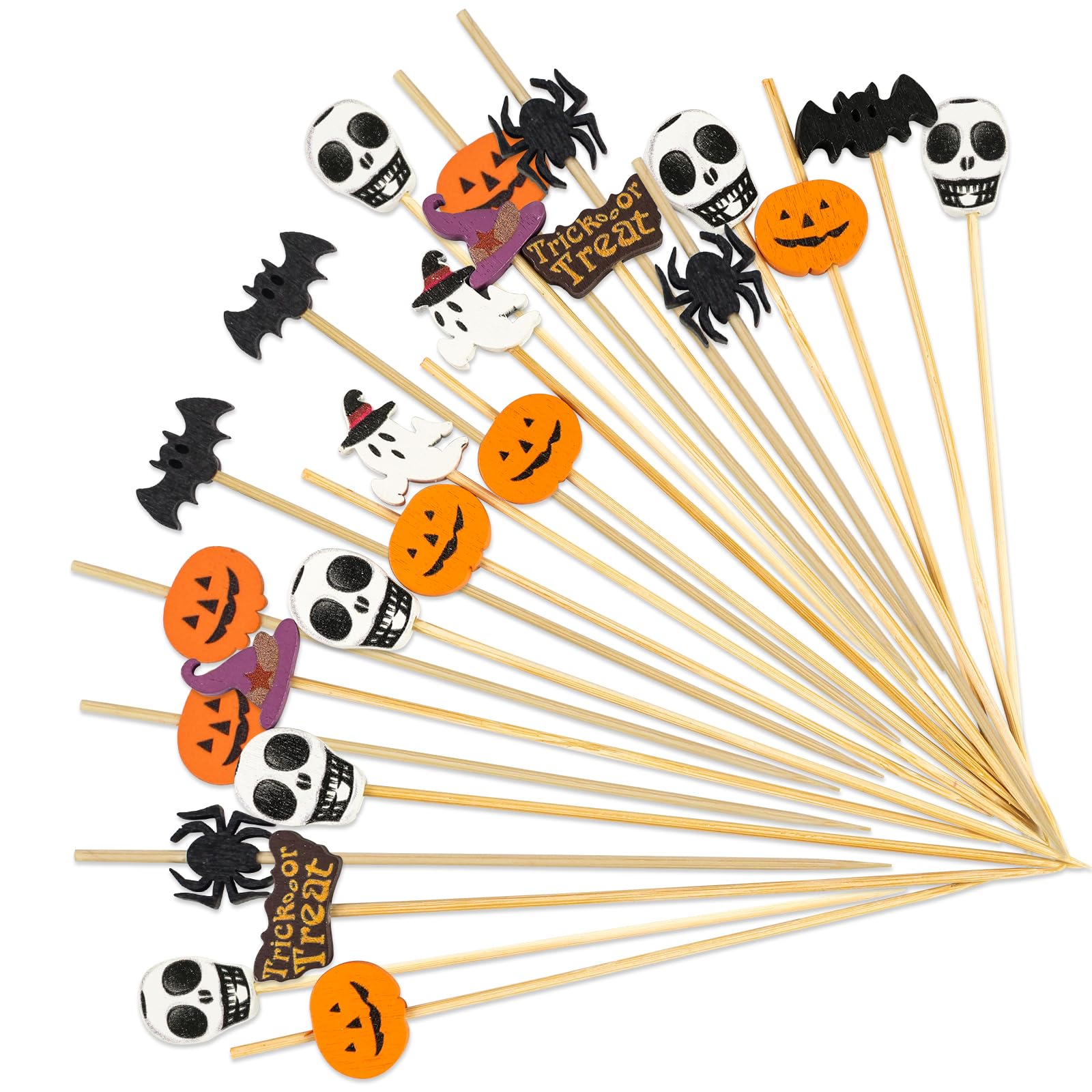 Photo 1 of 100PCS Halloween Cocktail Picks 4.7 Inch, Pumpkin Spider Hat Ghost Letters Decorative Toothpicks Bamboo Appetizer Toothpicks Food Picks for Halloween Party Food Fruit Decoration (halloween)