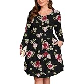 AusLook Plus Long Sleeve Midi Dress for Women Casual Empire Waist Loose Flowy Dresses A-Line Boho Long Dress with Pockets