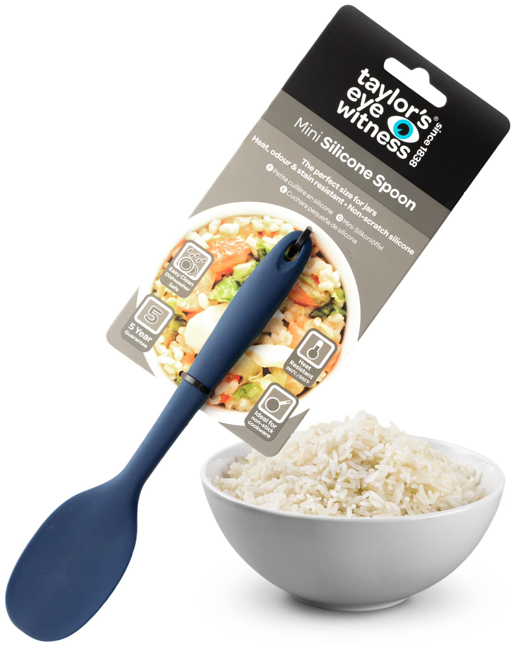 Taylors Eye Witness Mini Silicone Denim Blue Stirring Spoon - Dishwasher Safe, Heat Resistant 260°C/500°F. Perfect for Non-Stick Pans. Small Enough for Jars. Odour & Stain Resistant. 5 Year Guarantee