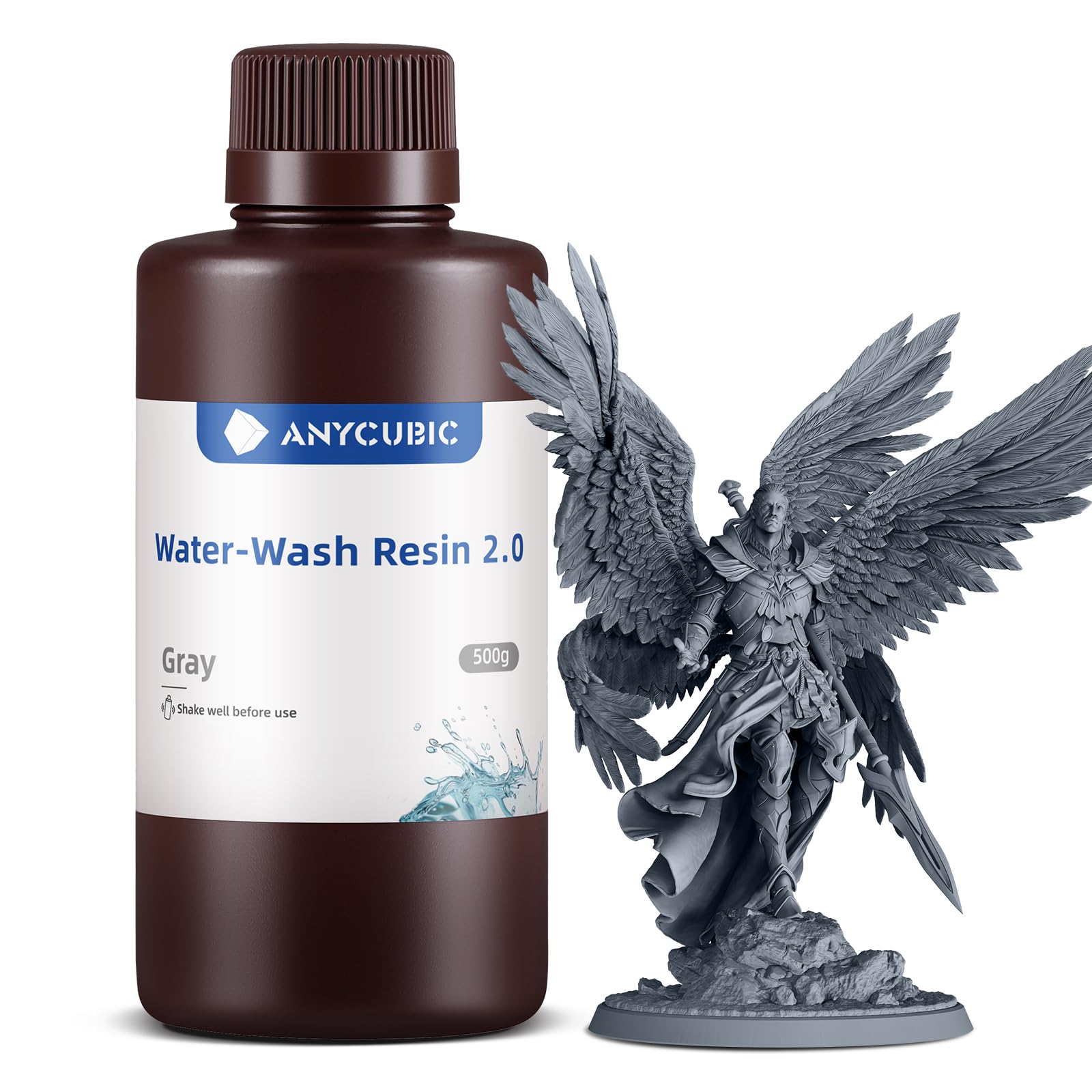 ANYCUBIC Water Washable 3D Printer Resin 2.0 with Easy Post-Processing, High Precision and High Resilience, Low Odor and Anti-Yellowing 3D Resin for LCD/DLP Printers(Grey,500g)