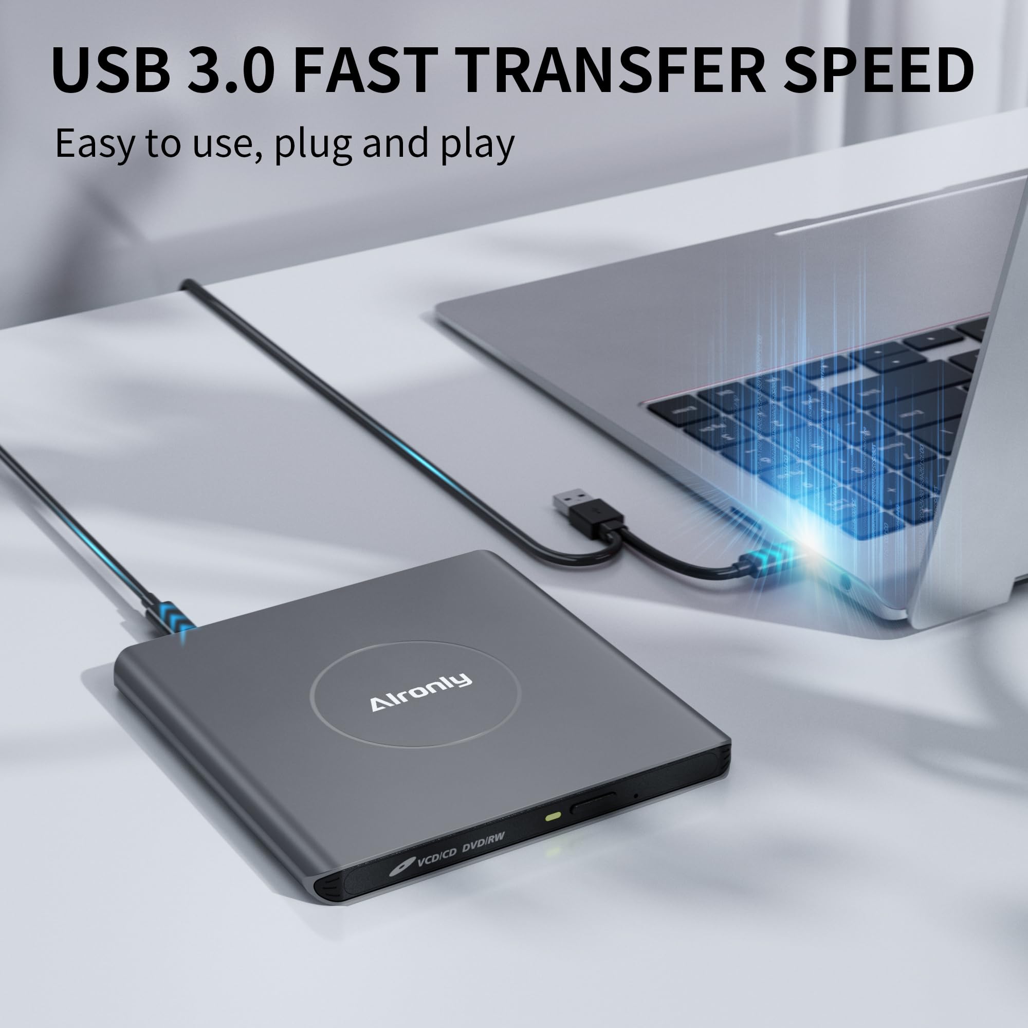 Alronly External CD/DVD Drive for Laptop/PC, USB 3.0 Type-C USB Portable Alloy Player for Computer CD DVD +/-RW Disk Drive CD Burner Writer Reader Compatible with Desktop Windows Apple Linux (F03)